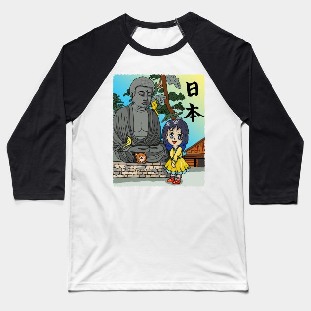 Cute cartoon girl and her cat visit the Great Buddha Baseball T-Shirt by cuisinecat